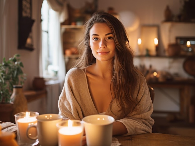 Foto mujer joven sosteniendo una taza con bebida caliente en una habitación acogedora con velas de invierno de navidad estilo relajante