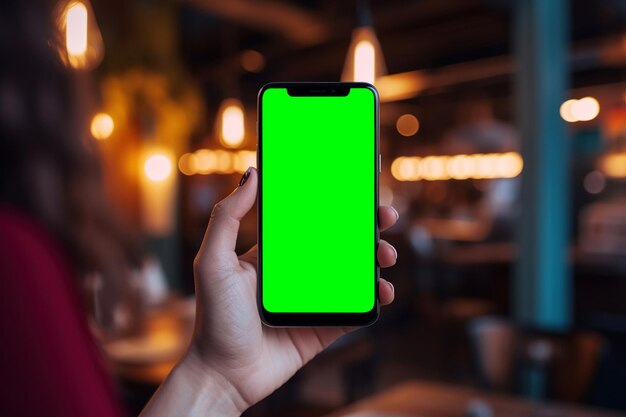 Mujer joven sosteniendo un teléfono inteligente con pantalla de maqueta verde