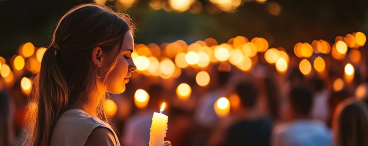 Mujer joven sosteniendo una vela en una vigilia con la multitud en el fondo