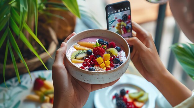 Foto una mujer joven sostiene un cuenco de comida saludable y toma una foto de ella con su teléfono inteligente el cuenco contiene fruta de yogur y granola