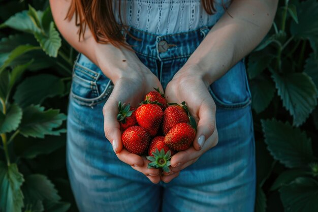 La mujer joven sostiene fresas rojas maduras en sus manos cosecha ecológica casera