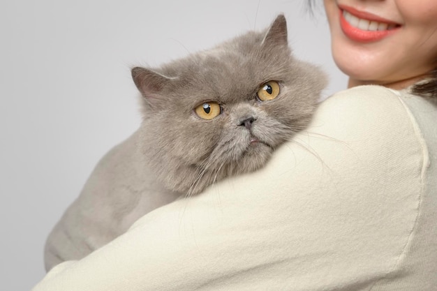 Una mujer joven sostiene un gato encantador jugando con un gato en el estudio de fondo blanco