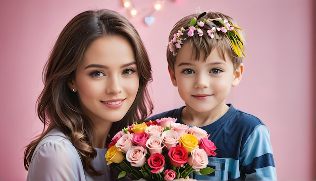 una mujer joven sostiene un ramo de flores con un niño