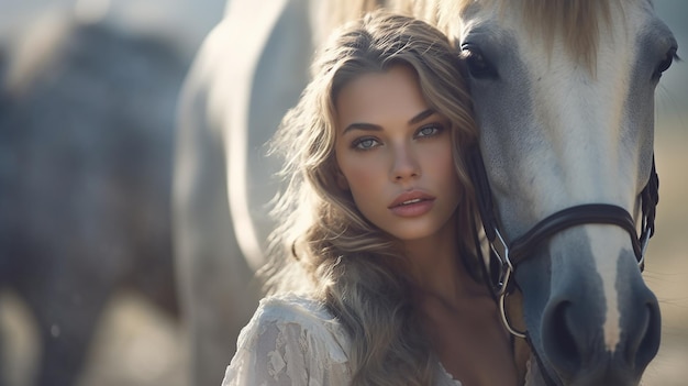 Foto mujer joven con su caballo.