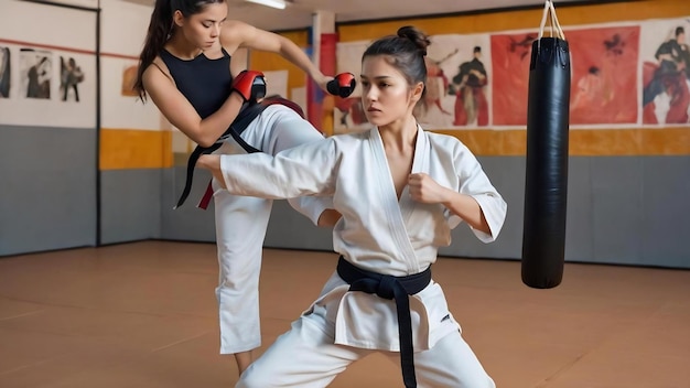 Mujer joven con su entrenador de artes marciales