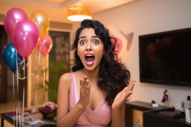 mujer joven en su habitación con globos coloridos y dando expresión feliz