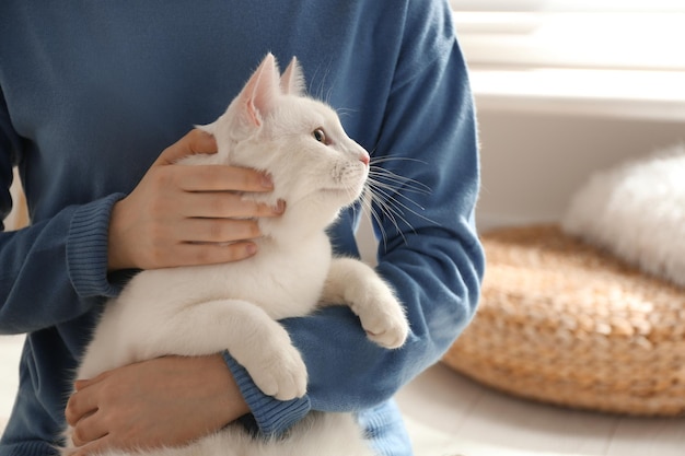 Mujer joven con su hermoso gato blanco en casa closeup Mascota esponjosa