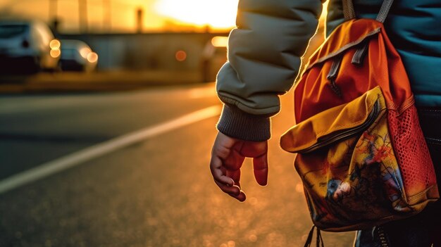 Mujer joven con su mochila en la mañana de regreso a la escuela.