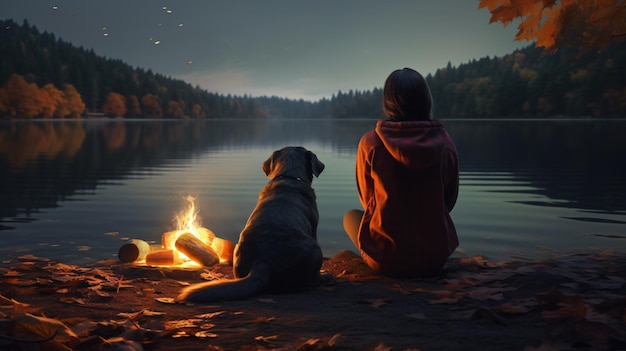 Mujer joven y su perro están sentados en la orilla