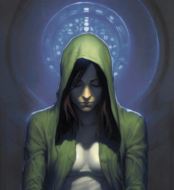 Una mujer joven con una sudadera verde con una capucha está de pie en una habitación oscura