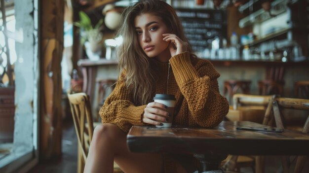 Foto mujer joven con suéter acogedor sosteniendo café en un café urbano