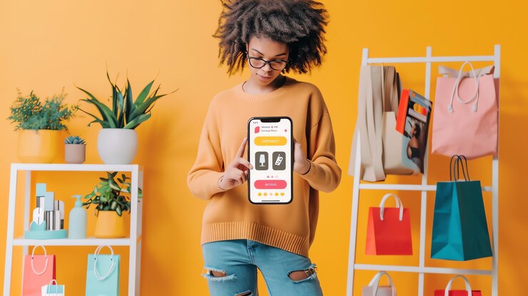 Foto una mujer joven con un suéter amarillo y gafas está usando una aplicación de compras en su teléfono está de pie en una habitación con un estante de ropa y algunas plantas