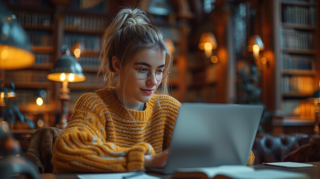 Una mujer joven con un suéter amarillo trabajando en una computadora portátil en una biblioteca acogedora por la noche