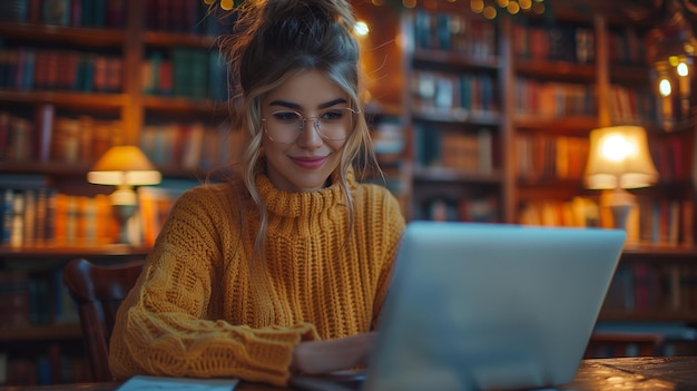 Una mujer joven con un suéter amarillo trabajando en una computadora portátil en una biblioteca acogedora por la noche