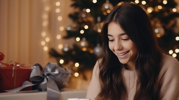 Una mujer joven con un suéter blanco ordena regalos de Año Nuevo durante las vacaciones de Navidad en casa usando