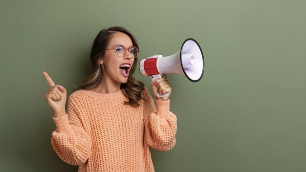 Mujer joven con un suéter casual de melocotón y gafas de naranja aislada en la pared verde oliva grito feliz