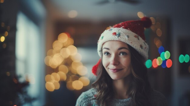 Mujer joven con un suéter de Navidad y sombrero de Papá Noel