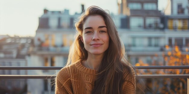 mujer joven en un suéter de punto contra el fondo de la ciudad IA generativa