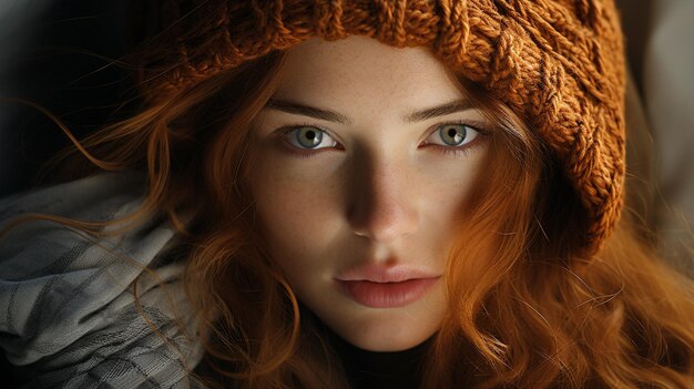 mujer joven, en, suéter rojo, y, sombrero