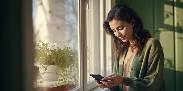 Mujer joven con un suéter verde usando un teléfono móvil junto a la ventana en su país hou Generative AI