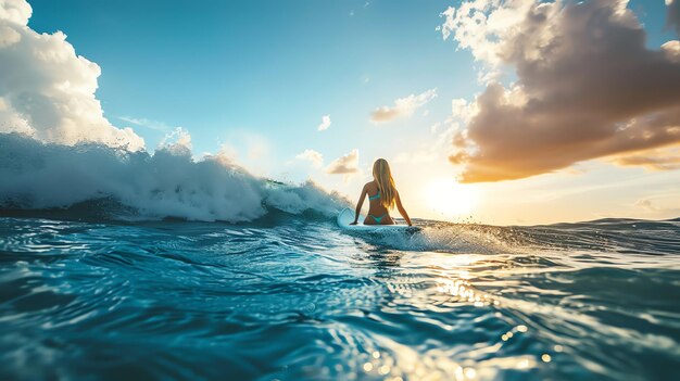 Foto mujer joven surfeando en las altas olas el sol se está poniendo en el fondo