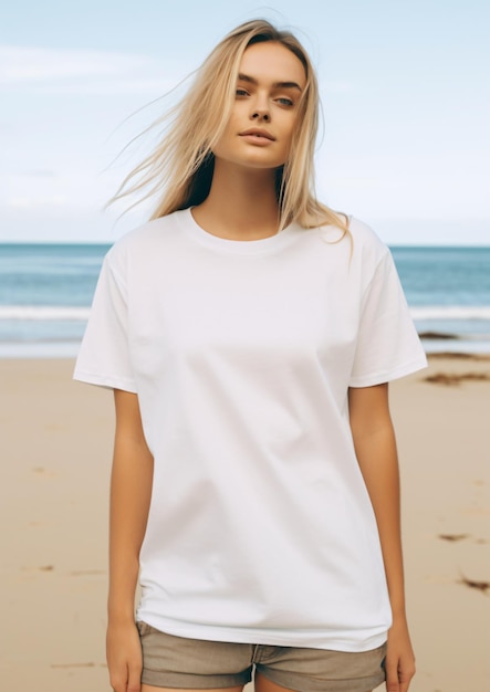 Mujer joven surfista rubia con camiseta blanca en blanco maqueta en la playa camiseta blanca