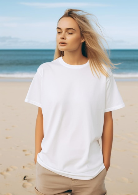 Mujer joven surfista rubia con camiseta blanca en blanco maqueta en la playa camiseta blanca