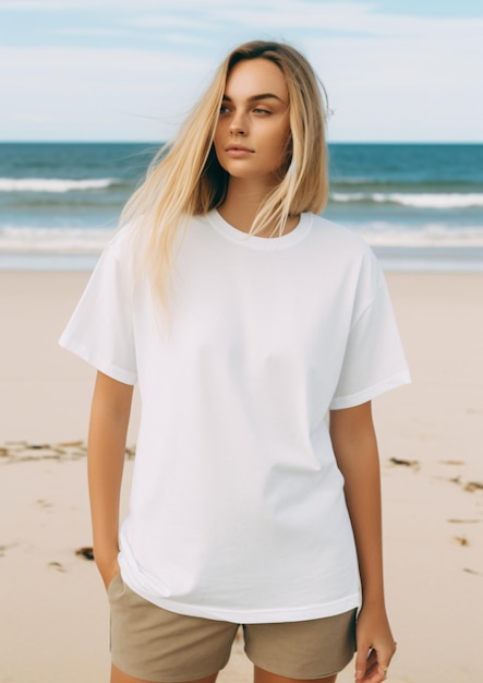 Mujer joven surfista rubia con camiseta blanca en blanco maqueta en la playa camiseta blanca