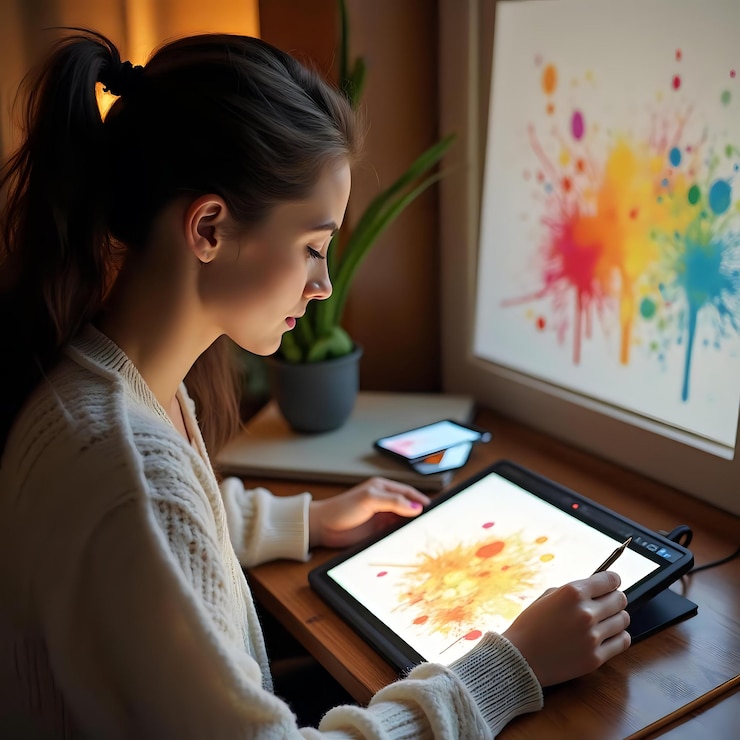 Foto mujer joven con tableta gráfica y pinceles de colores