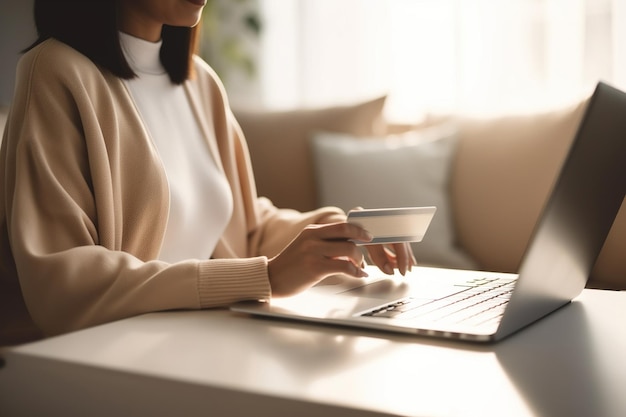 Mujer joven con tarjeta de crédito y usando computadora portátil en casa Mujer de negocios