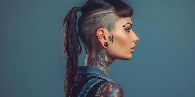 Una mujer joven con tatuajes en el cuello y los hombros con un peinado bajo y una cola de caballo larga Concept Tattooed Woman Undercut Hairstyle Shoulder Tattoos Long Ponytail