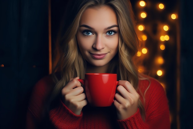 mujer joven, con, taza, en, ella, mano