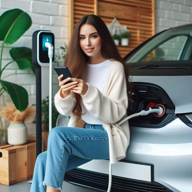 Mujer joven con teléfono inteligente esperando mientras su coche eléctrico se carga en casa