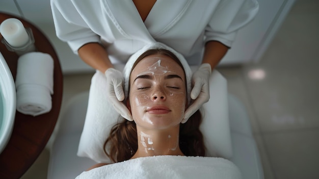 Mujer joven teniendo terapia de spa de máscara facial en un salón de belleza