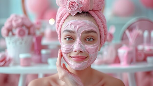 Foto mujer joven teniendo terapia de spa de máscara facial en un salón de belleza