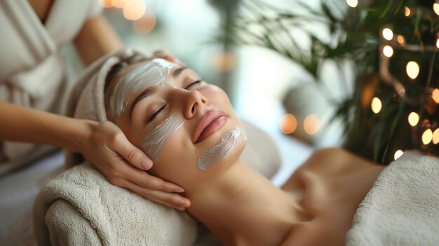 Foto mujer joven teniendo terapia de spa de máscara facial en un salón de belleza