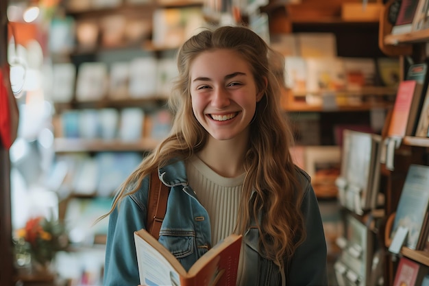 Mujer joven en la tienda sonriendo y llevando una bolsa