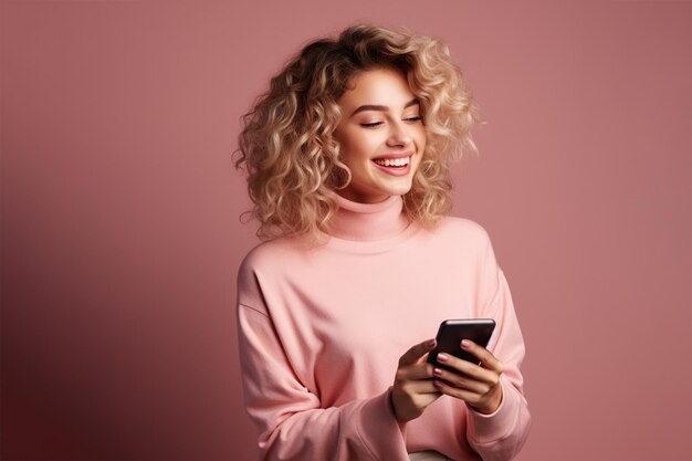 Mujer joven tiene una sonrisa agradable y disfruta de la comunicación a distancia utiliza el teléfono móvil