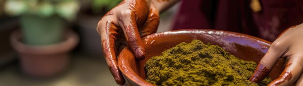 Foto mujer joven se tiñe el cabello con una mezcla de hierbas de henna y basma para producir color marrón panorámico