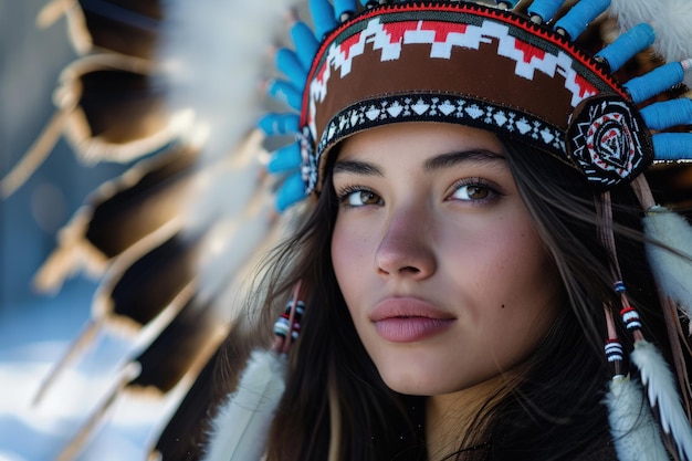 Foto mujer joven con tocado nativo americano