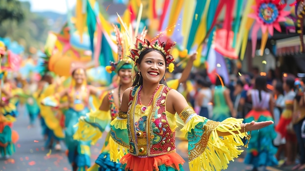 Una mujer joven con un tocado y traje colorido sonríe y saluda mientras baila en un desfile El fondo es un borrón de color y movimiento