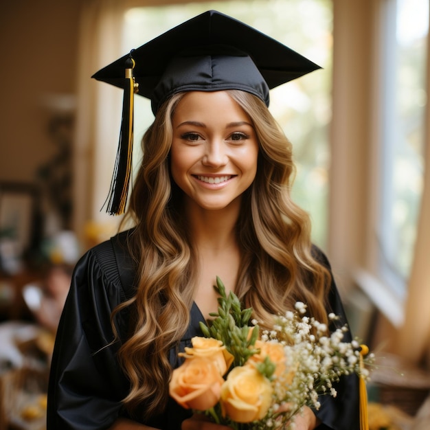 una mujer joven con toga y birrete de graduación sosteniendo un ramo de flores