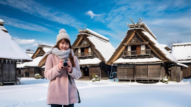 Foto mujer joven tomando una foto en el pueblo de shirakawa go en invierno japón