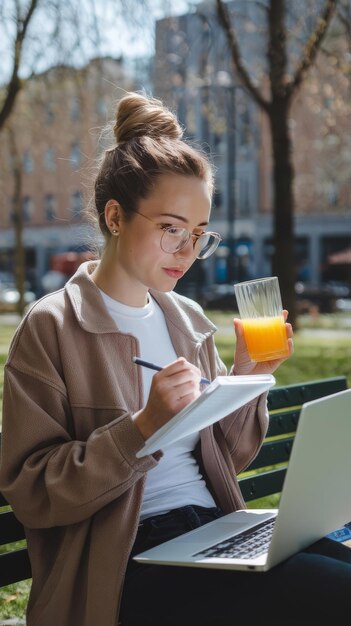 Mujer joven tomando notas al aire libre mientras usa una computadora portátil y bebe jugo de naranja