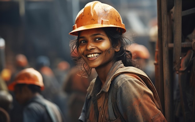 Mujer joven trabajadora de la construcción feliz en el trabajo mujeres en concepto de construcción