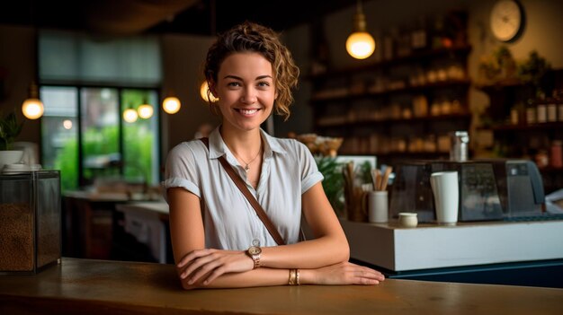 mujer joven trabajando en el café