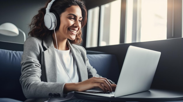 Mujer joven trabajando desde casa en una computadora portátil de forma inalámbrica en casa viendo un seminario web o un proyecto de presentación