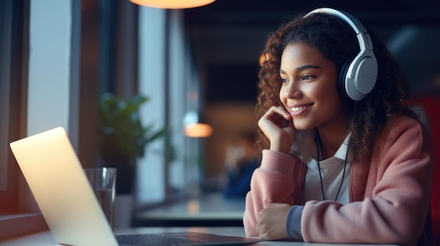 Mujer joven trabajando desde casa en una computadora portátil de forma inalámbrica en casa viendo un seminario web o un proyecto de presentación