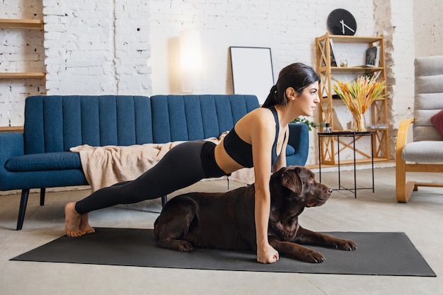 Mujer joven trabajando en casa durante ejercicios de yoga de bloqueo con el perro