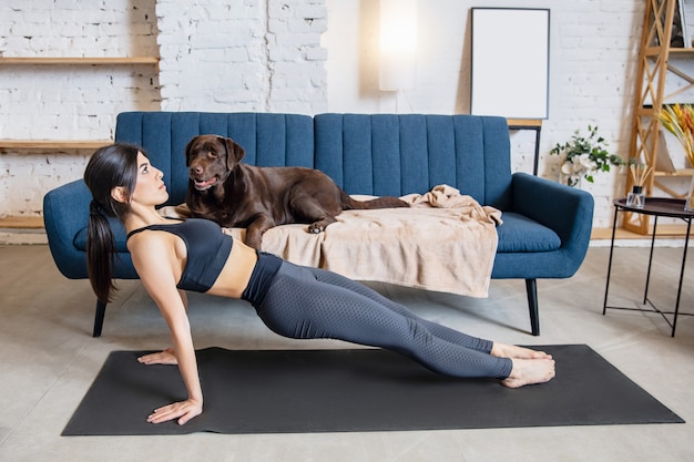 Mujer joven trabajando en casa durante el encierro, ejercicios de yoga con el perro